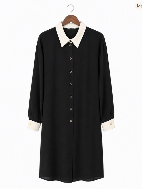Zara Dresses & Skirts - Zara Black Long-Sleeve Shirt Dress with White Contrast Collar and Cuffs